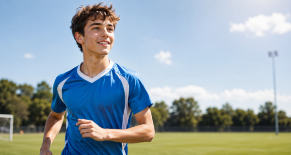 Teenage boy in a blue soccer jersey smiling while running on an outdoor sports field, illustrating active vision correction options for teens at Bayside Eyecare Brighton.