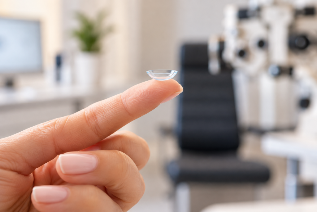 Close-up of a contact lens held on a fingertip in an optometry clinic setting