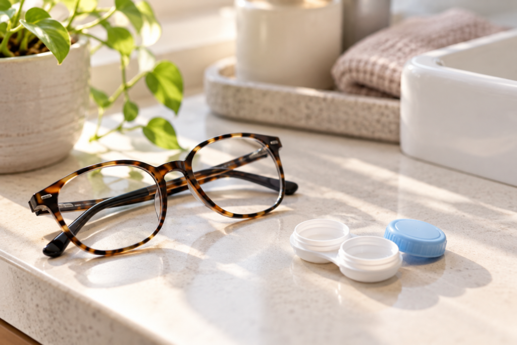 Pair of glasses resting next to a contact lens case on a sunlit bathroom countertop